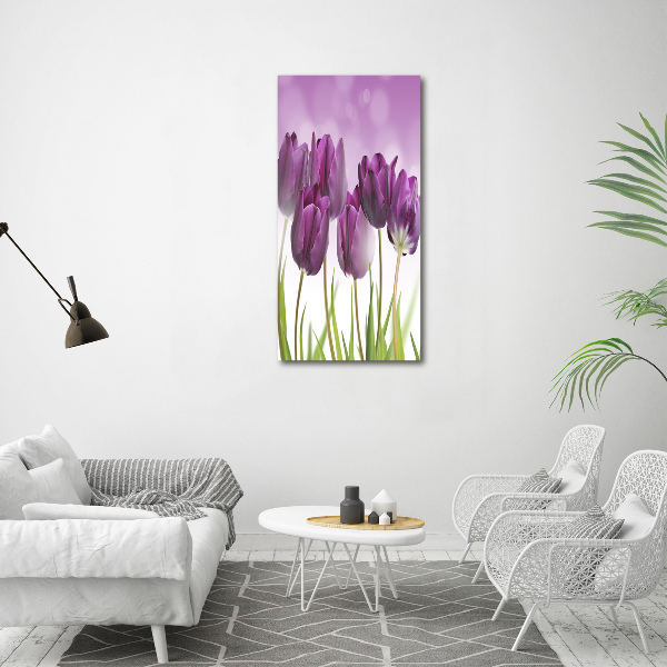 Fotocuadro de cristal elegante para hogar vertical tulipanes morados