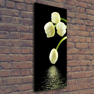 Cuadro de cristal moderno efecto brillo vertical tulipanes blancos