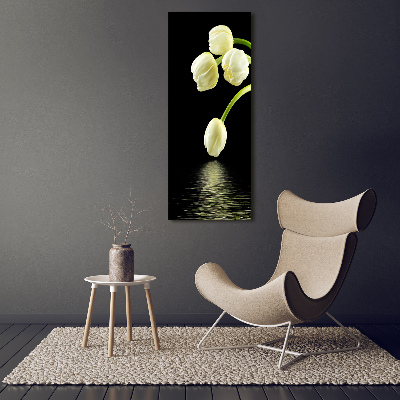 Cuadro de cristal moderno efecto brillo vertical tulipanes blancos