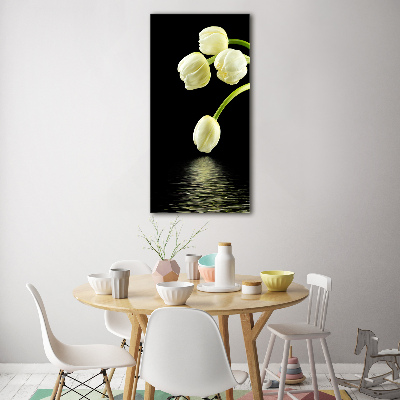 Cuadro de cristal moderno efecto brillo vertical tulipanes blancos