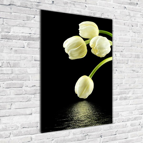 Cuadro de cristal moderno efecto brillo vertical tulipanes blancos