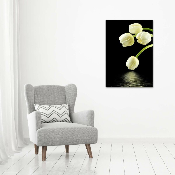 Cuadro de cristal moderno efecto brillo vertical tulipanes blancos