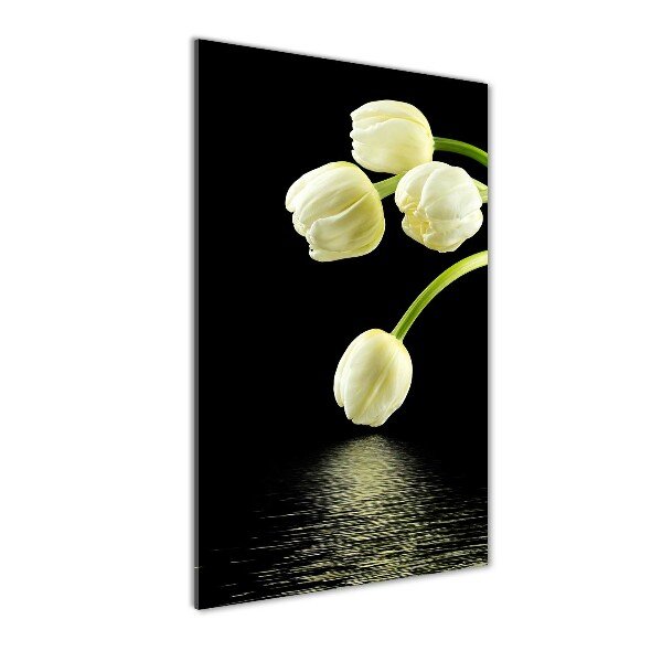 Cuadro de cristal moderno efecto brillo vertical tulipanes blancos