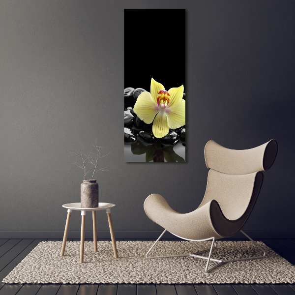 Cuadro decorativo en cristal con canto pulido vertical Orquídea y piedras