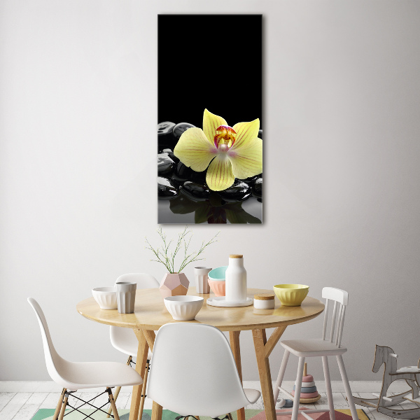 Cuadro decorativo en cristal con canto pulido vertical Orquídea y piedras
