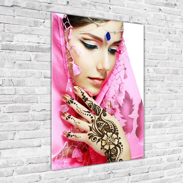 Cuadro decorativo en cristal con canto pulido vertical mujer india