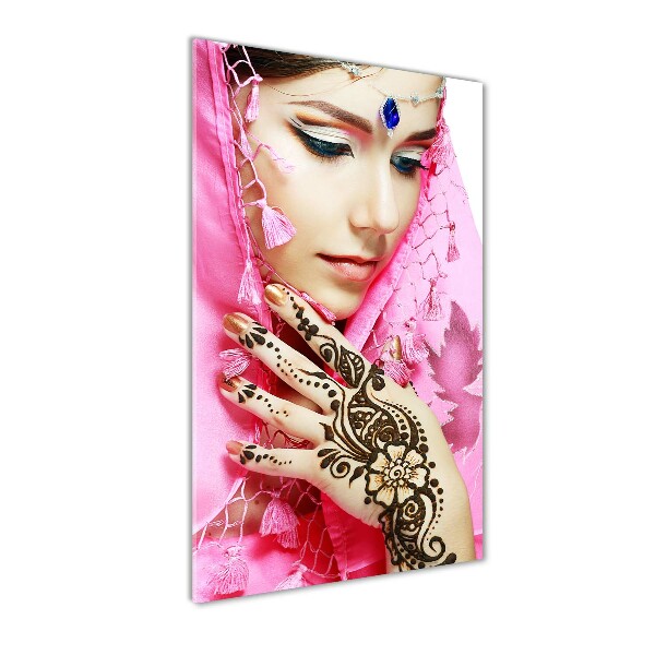 Cuadro decorativo en cristal con canto pulido vertical mujer india
