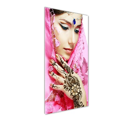 Cuadro decorativo en cristal con canto pulido vertical mujer india