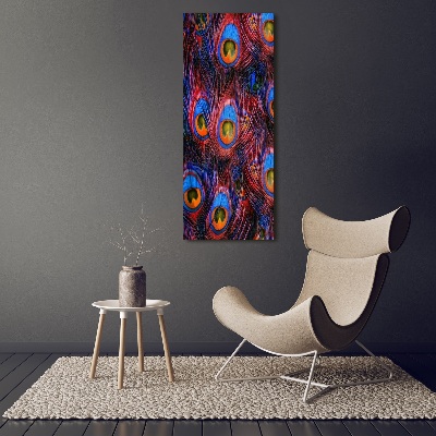 Cuadro decorativo en cristal con canto pulido vertical plumas de pavo real