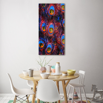 Cuadro decorativo en cristal con canto pulido vertical plumas de pavo real