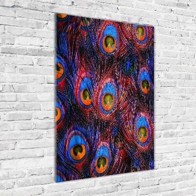 Cuadro decorativo en cristal con canto pulido vertical plumas de pavo real
