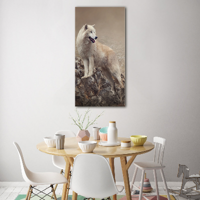 Cuadro decorativo en cristal con canto pulido vertical Lobo en una roca
