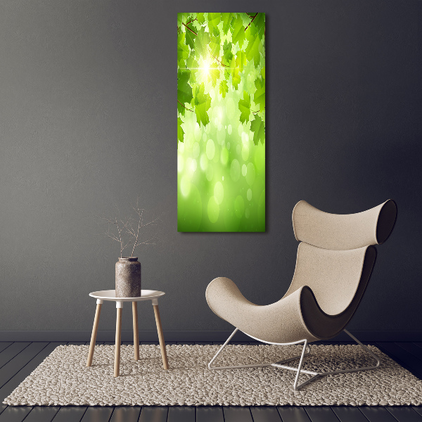 Cuadro de cristal moderno efecto brillo vertical hojas verdes