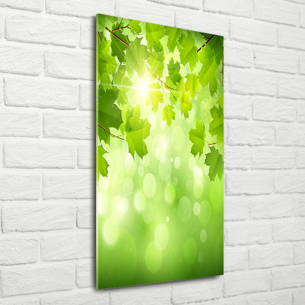 Cuadro de cristal moderno efecto brillo vertical hojas verdes