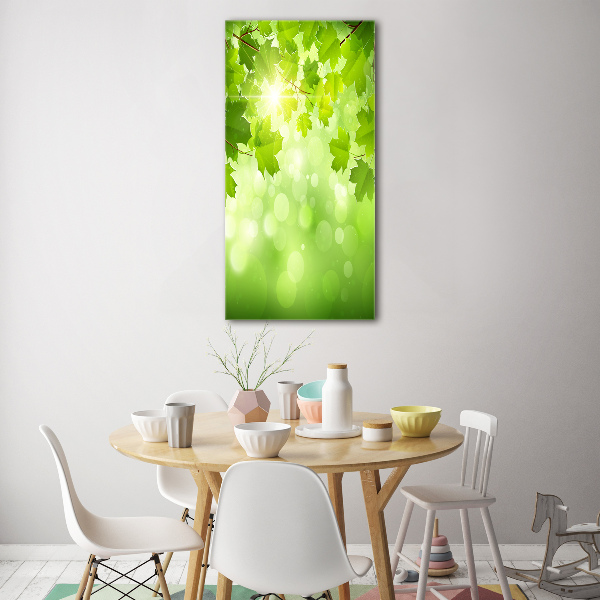 Cuadro de cristal moderno efecto brillo vertical hojas verdes