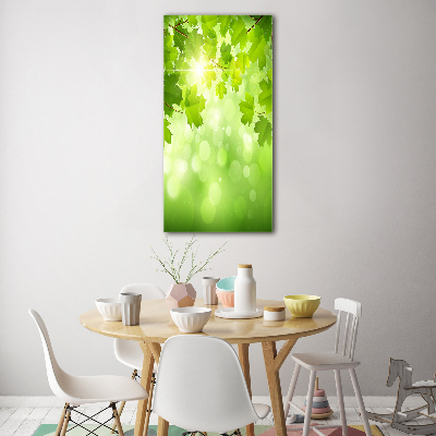 Cuadro de cristal moderno efecto brillo vertical hojas verdes