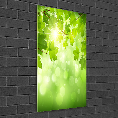 Cuadro de cristal moderno efecto brillo vertical hojas verdes