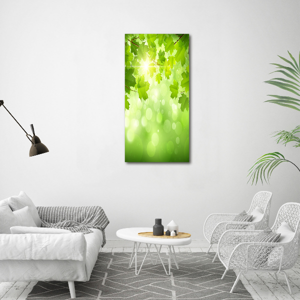 Cuadro de cristal moderno efecto brillo vertical hojas verdes