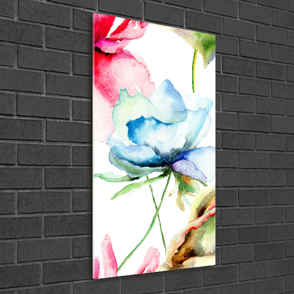 Cuadro de cristal moderno efecto brillo vertical Amapolas