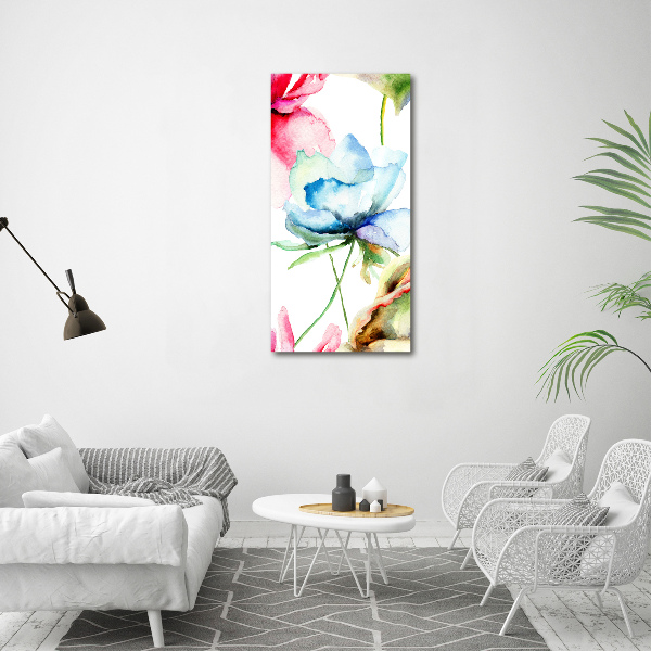 Cuadro de cristal moderno efecto brillo vertical Amapolas