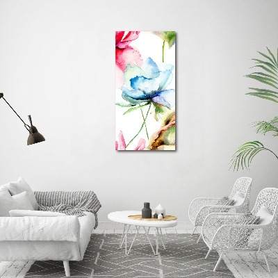 Cuadro de cristal moderno efecto brillo vertical Amapolas