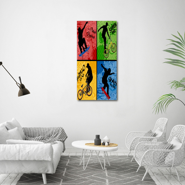 Fotocuadro de cristal elegante para hogar vertical Bicicleta y patineta