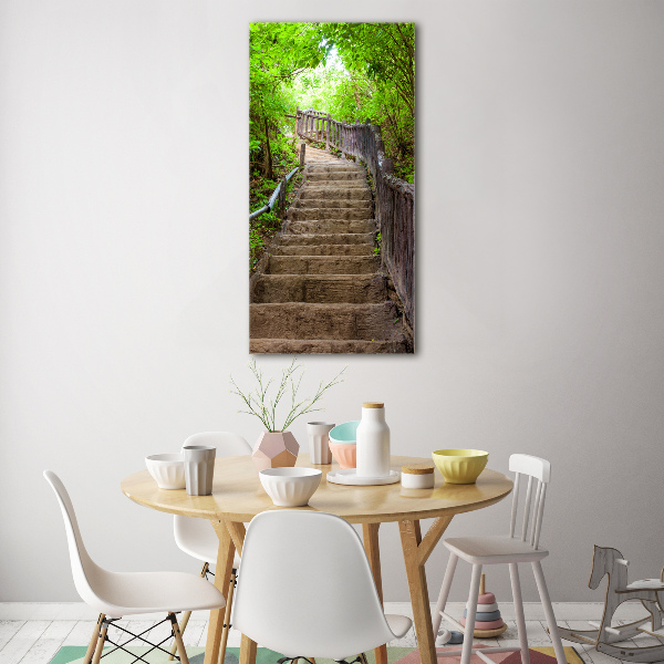 Fotocuadro de cristal elegante para hogar vertical Escaleras en el bosque
