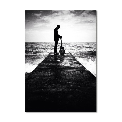 Cuadro de cristal moderno efecto brillo vertical Guitarrista en el muelle