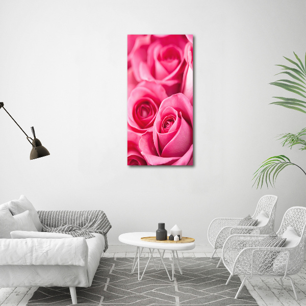 Cuadro de cristal moderno efecto brillo vertical rosas rosadas