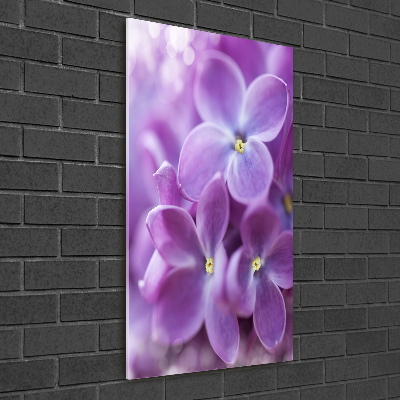Cuadro de cristal moderno efecto brillo vertical flores lilas