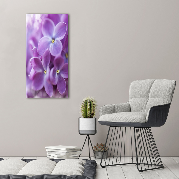Cuadro de cristal moderno efecto brillo vertical flores lilas