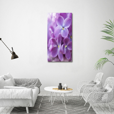 Cuadro de cristal moderno efecto brillo vertical flores lilas