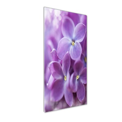 Cuadro de cristal moderno efecto brillo vertical flores lilas