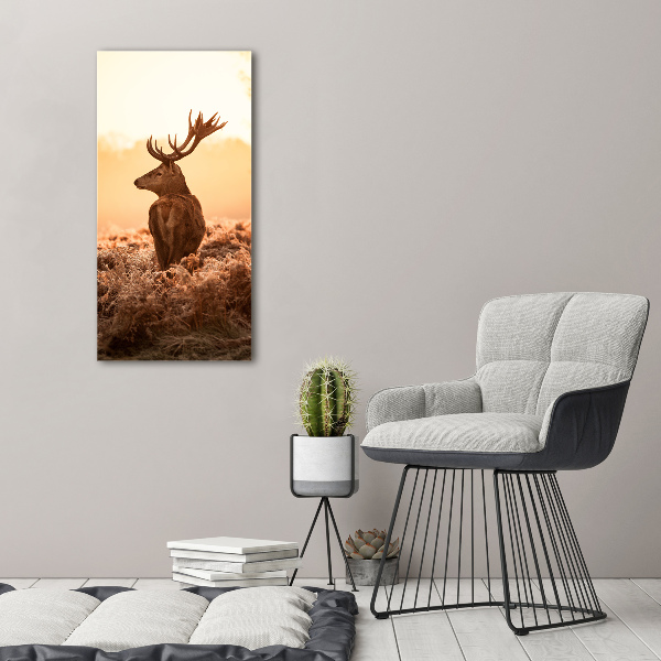Cuadro decorativo en cristal con canto pulido vertical Amanecer de ciervos