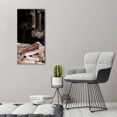 Cuadro decorativo en cristal con canto pulido vertical herramientas de madera