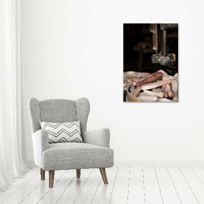 Cuadro decorativo en cristal con canto pulido vertical herramientas de madera