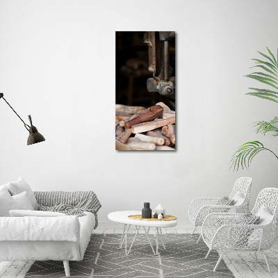 Cuadro decorativo en cristal con canto pulido vertical herramientas de madera