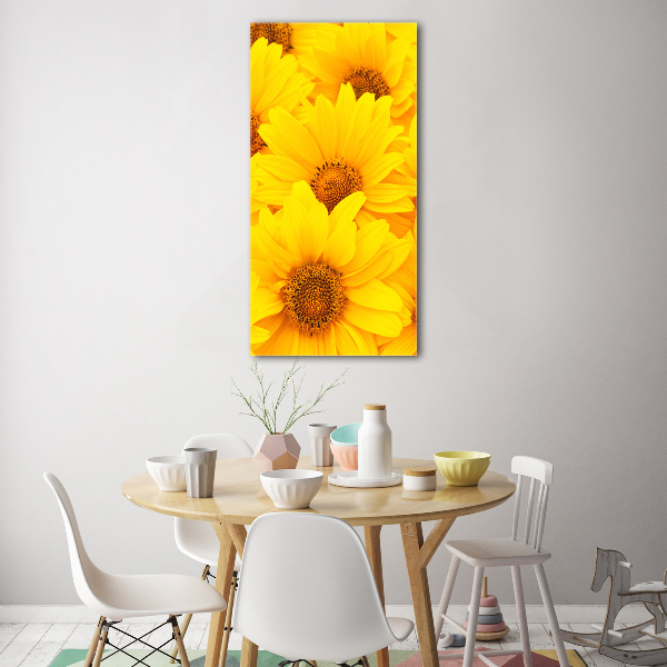 Cuadro de cristal moderno efecto brillo vertical Girasoles