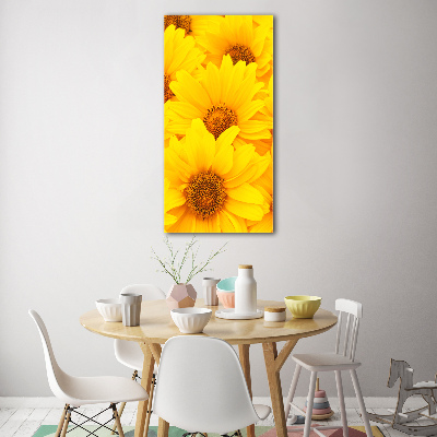 Cuadro de cristal moderno efecto brillo vertical Girasoles