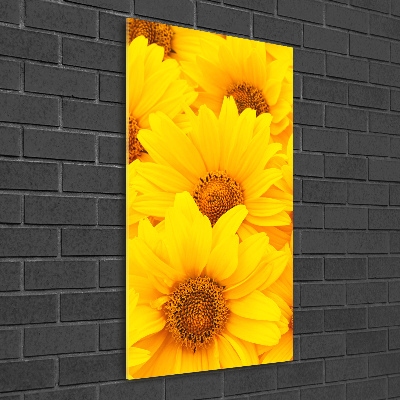 Cuadro de cristal moderno efecto brillo vertical Girasoles