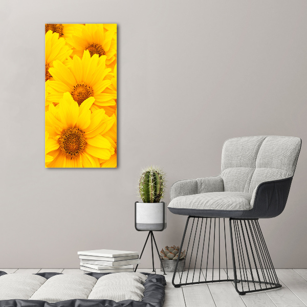 Cuadro de cristal moderno efecto brillo vertical Girasoles