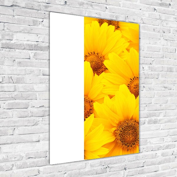 Cuadro de cristal moderno efecto brillo vertical Girasoles
