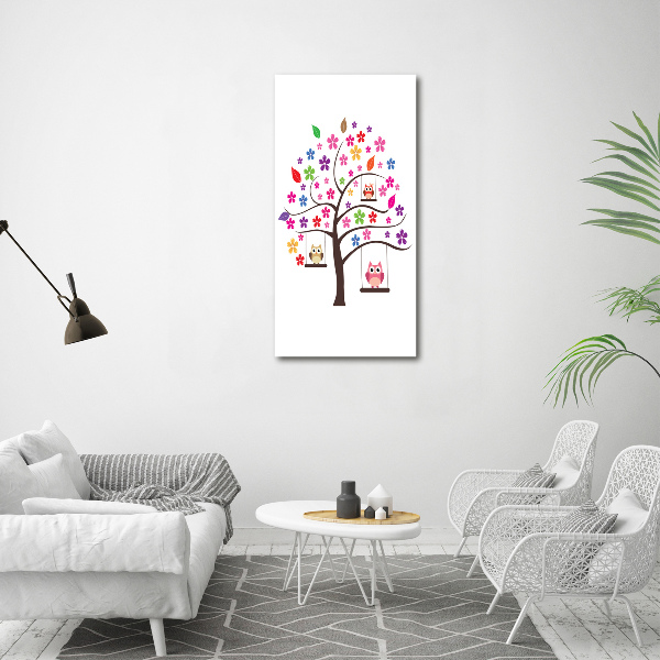 Fotocuadro de cristal elegante para hogar vertical Búhos en columpios