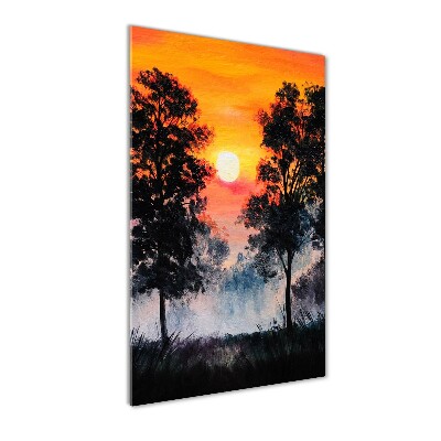 Cuadro de cristal moderno efecto brillo vertical Bosque al atardecer