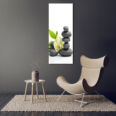 Cuadro de cristal moderno efecto brillo vertical Orquídea y piedras