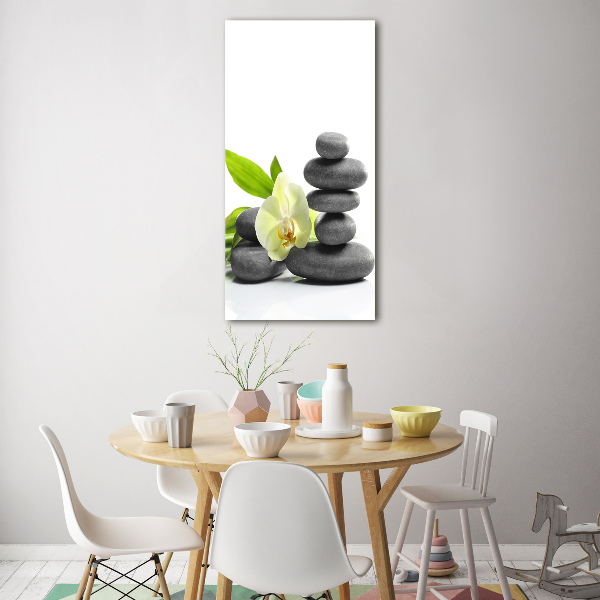 Cuadro de cristal moderno efecto brillo vertical Orquídea y piedras