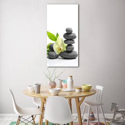 Cuadro de cristal moderno efecto brillo vertical Orquídea y piedras