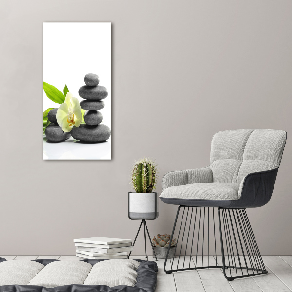 Cuadro de cristal moderno efecto brillo vertical Orquídea y piedras