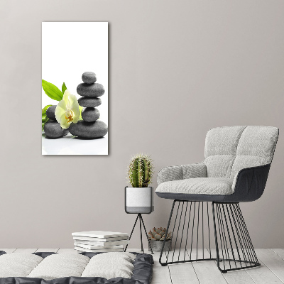 Cuadro de cristal moderno efecto brillo vertical Orquídea y piedras