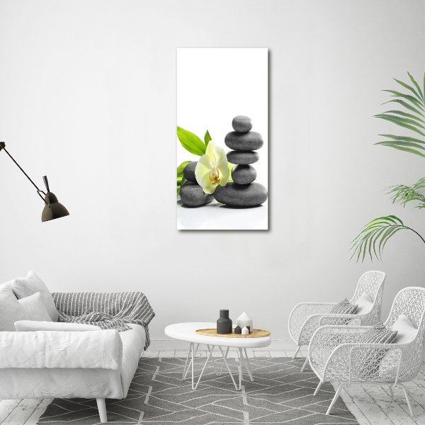 Cuadro de cristal moderno efecto brillo vertical Orquídea y piedras
